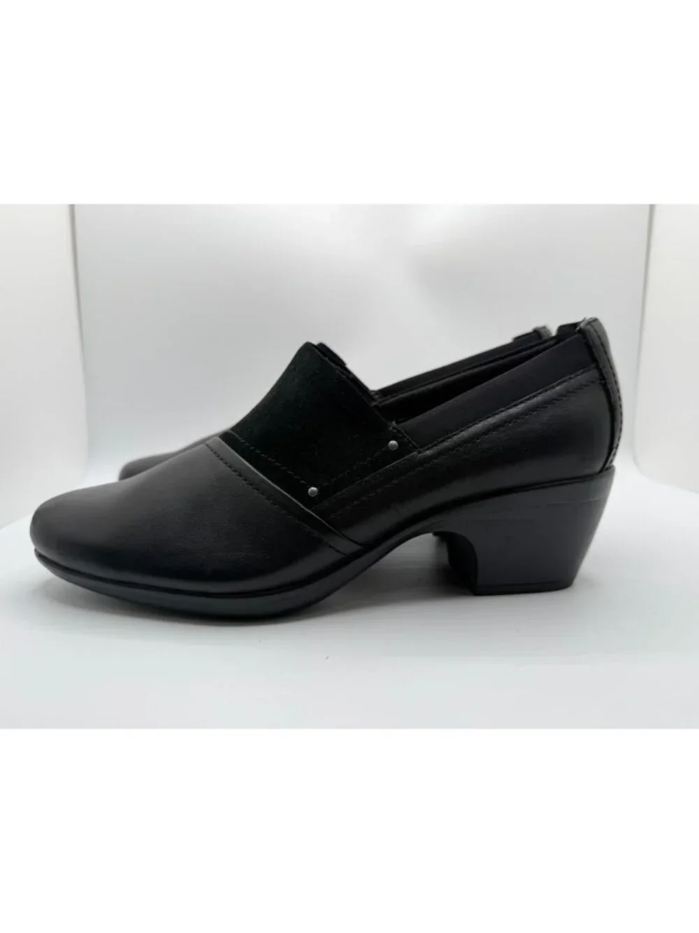 Clarks Emily Step Heel Loafers Women's Size 10M Black Leather/Suede Work Shoes